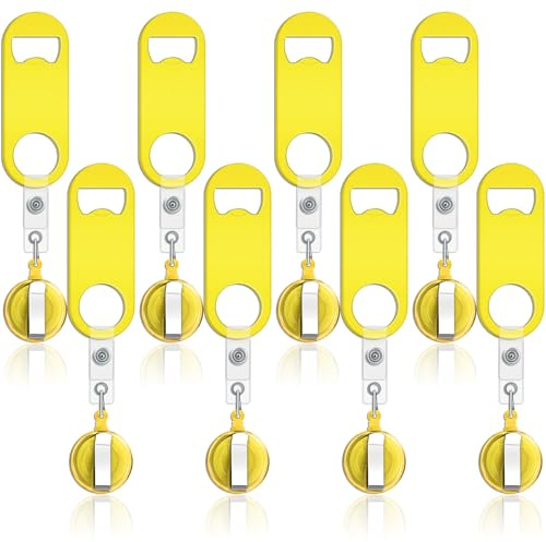 Honoson 8 Pieces Flat Bottle Opener Bartender Retractable Beer Opener with 8 Pieces Round Badge Reel Badge Clips Holder for Kitchen Restaurant Home Anniversaries Supplies Party Gifts (Yellow)