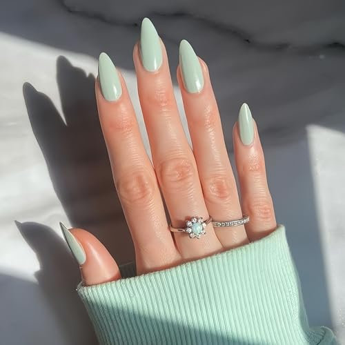 KQueenest Lot de 24 faux ongles press on nails en acrylique à coller, couleur naturelle unie, en gel brillant, couvrant complètement, vert menthe