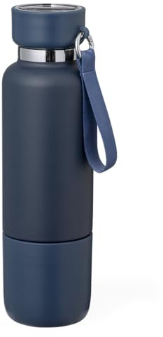 Bidón térmico de acero inoxidable de 500 ml incluye un vaso de 300 ml integrado en la base y dos opciones de transporte intercambiables (Azul marino)