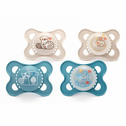 MAM Original Day & Night Soothers | 0-6 Months | 4 Pack | Includes 2X Glow in The Dark Dummies | Orthodontic Design | Baby Accessories | Blue (Various Designs)