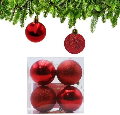 Xcdhemde 4tlg Weihnachtskugeln Rot ∅ 10cm, Christbaumkugeln Rot, Weihnachtsbaumschmuck Plastik, Christbaumschmuck mit Aufhängeband, Weihnachtsbaum Deko für Drinnen & Draußen (2 Glänzend + 2 Glitzernd)