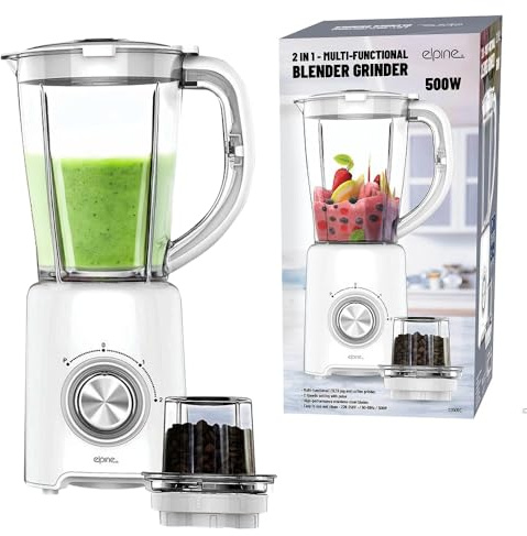 2 In 1 Multi Functional Blenders With Grinder - 500W, 600W Processors | With Plastic Food Jug, Juice Maker, Coffee, Nut & Spice Grinder Attachment | Speed Mode Functions 1.5L (500W 2 Speed, White)