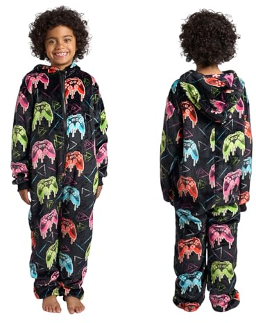 OHS Boys Fluffy Pyjamas, Neon Drip Gaming Hooded Pyjamas for Kids Boys Girls Teenagers Super Soft Sherpa Fleece Jump Suit Pyjama Gaming Onesie Warm Winter Kids PJs 8-10 Years, Black