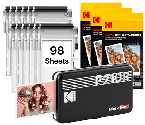 KODAK Mini 2 Retro 2x3 Portable Photo Printer, 4PASS, 98 Sheets, Black | Bluetooth, iPhone & Android Smartphone Compatible, Smudge-Proof, Water-Resistant, Fade-Resistant