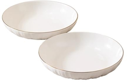 Nff Dinner Plate Set of 2, 8 Inch Ceramic White with Gold Trim Serving Plate Set for Pasta, Salad, Main Courses, Dishwasher Safe