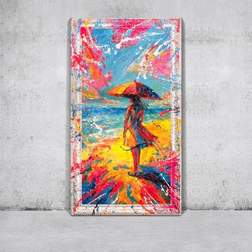 YS-Art Bunt Acryl Frau am Strand Gemälde auf Leinwand mit rahmen Autorenserie handgemalt Wandbild Wohnzimmer moderne Wohndekor Bilder Büro echte Kunst 140x70 cm