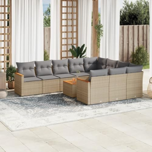 QJBSAVVA 11-TLG. Garten-Sofagarnitur Beige Poly Rattan mit Akazienholztisch 55 x 55 cm Modular Lounge für Garten Terrasse Balkon und kleine Sitzecke Outdoor