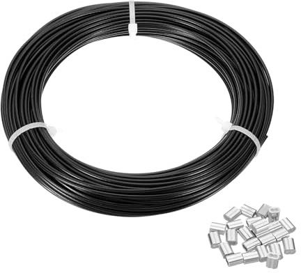 PATIKIL 5/64 Wire Rope, 49 ft 304 Stainless Steel Wire Cable Black Vinyl Coated with 24pcs Crimping Sleeves for Hanging Lights Clotheslines Trellis, Black