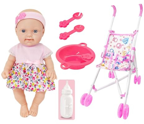 Puppe für Kleinkinder mit Kinderwagen – ABS-Simulationsspielzeug-Set | Puppenwagen für 25,4 cm große Puppen mit Fütterungszubehör für Kinder