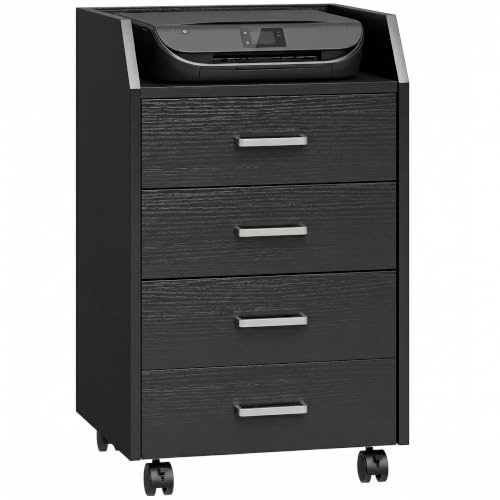 Vinsetto Schedario da Ufficio 4 Cassetti 40x36x65 cm Effetto Legno Nero | Ruote a Freno, Cassettiera Scrivania per Lettera Documenti, Ripiano, Cassettiera da Ufficio per Studio Sotto Scrivania