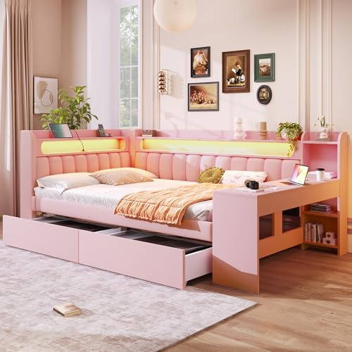 Merax Kinderbett 140x200 cm Tagesbett mit gepolstertem Kopfteil, LED-Ablagefach, Multifunktionsbett mit Schreibtisch, USB-Steckdose und 2 Schubladen, Holzbett mit Lattenrost (Ohne Matratze), Rosa