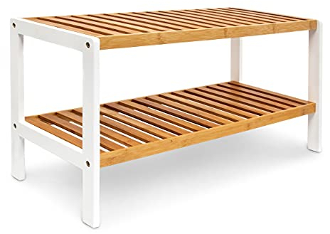 Relaxdays Schuhregal aus Bambus HxBxT: 33 x 70 x 24,5 cm robustes Bambusregal mit 2 Ablagen langlebige Schuhablage Schuhaufbewahrung auf 2 Etagen Schuhschrank für 8 Paar Schuhe Regal, natur und weiß