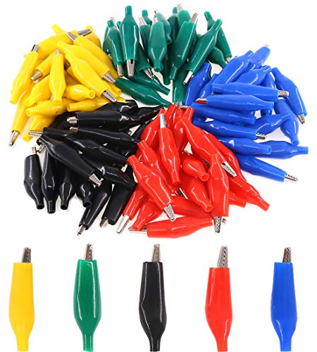 Glarks 100pcs 4,6 cm/45 mm argento tono morsetti a coccodrillo coccodrillo test elettrico fascette con nero/rosso/giallo/blu/verde copertura protettiva isolante per test di laboratorio