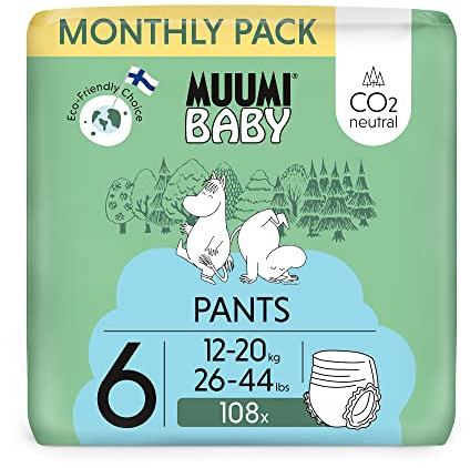 Muumi Baby Eco Pull Ups Size 6, 12-20 kg (26-44 lbs), 108 Nappy Pants | Monthly Pack, Sensitive Premium, Leakage Barrier, Soft and Skin Friendly, No Unnecessary Chemicals