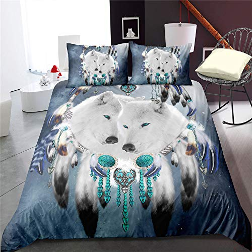 DXSX 2 Teilig Bettwäsche-Set Dreamcatcher Wolf-Patterned Theme Bettbezug 135 x 200 cm + 1 Kissenbezug 50 x 75 cm,Hypoallergen Mikrofaser Super Weiche Atmungsaktive (Stil 03, 135 x 200 cm)