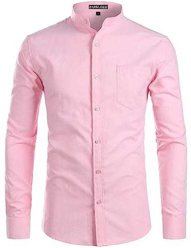 PARKLEES Mens Hipster Design Grandad Collar Oxford Shirt Slim Fit Long Sleeve Casual Button Down Dress Shirts with Pocket Pink L