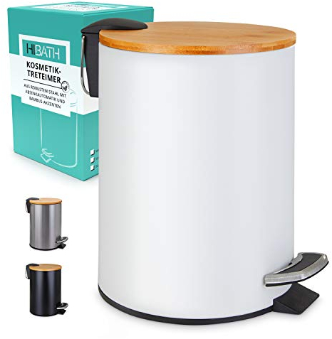 HIBATH® Kosmetikeimer aus Edelstahl mit Bambusdeckel (5 Liter, weiß) - Badezimmer Abfalleimer mit Absenkautomatik - Praktischer Mülleimer - WC-Treteimer