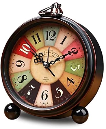 ToKinCen Classic Retro Clock, Metal European Style Vintage Silent Table Desk Alarm Clock Non Ticking Quartz Movement Battery Operated, HD Glass Lens for Bedroom Living Room Indoor Decoration Kids