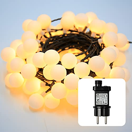 hellum LED Kugel Lichterkette außen warmweiß, Trafo & Timer, 180 LED | Lichterkette mit 180 Kugeln warmweiß, LED Lichterkette Kugel für Party, Weihnachten, Garten, Sommer, Terrasse <59lm 578294