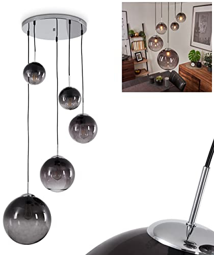 Suspension Degevos, plafonnier à 5 flammes en métal/verre chromé/fumé, suspension moderne avec boules en verre véritable, hauteur max. 120 cm, E27, sans ampoules