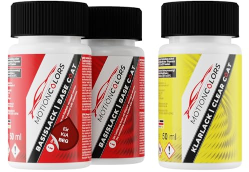 MOTIONCOLORS Signal Red Metallic/Signalrot Metallic BEG für KIA Autolack Lackstift Set Grundlack Basislack Klarlack je 50ml