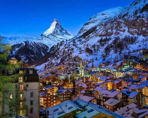 adrium Holz-Bild 130 x 100 cm: Luftbild auf Zermatt Valley und Matterhorn Peak in der Morgendämmerung, Schweiz (36753121)