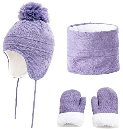 TROYSINC Baby Wintermütze Schal Handschuhe Set, Strickmütze Winter Babymütze mit Bommel, Kinder Bommelmütze Beanie Mütze für 1-6 Jahre Jungen Mädchen (Helles Lila,L)