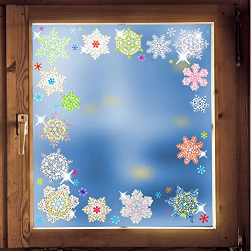 16 Stück - große Fenstersticker - Motivwahl - 3D Glitzer & Glimmer - Schneeflocken & bunte Sterne - statisch - selbstklebend - wiederverwendbar/Fensterbilde..