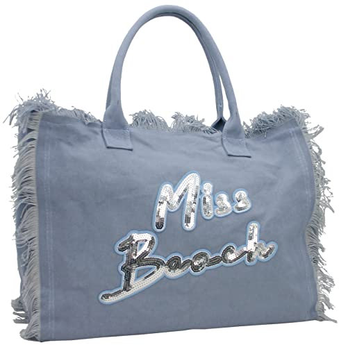 Miss Beach - sac de bain zippé - sac de plage - sac pique-nique - cabas en toile, Bleu/Gris XL