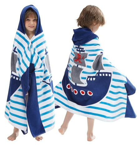 BANGSAUR Kinder-Badetuch mit Kapuze, 100% Baumwolle, 127x 76cm Wickel, Kinder, Kleinkinder, Mädchen, Jungen, 3–12 Jahre (Piratenschiff N)