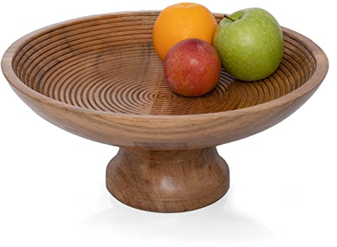 Folkulture Cuenco de frutas de madera o cuencos de frutas rústicos para decoración de granja, cuenco de frutas para encimera de cocina o cuenco de pedestal decorativo, madera de acacia, natural
