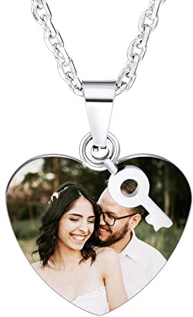 MeMeDIY Personalisierte Halskette für Männer und Frauen, Halskette mit Eingraviertem Text/Foto mit Schloss/Schlüssel-Anhängern, Edelstahl-Halskette für Paare, Anpassbare Geschenke für Freund, Freundin