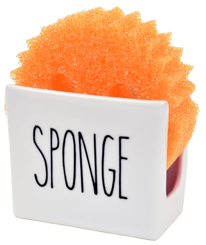 Heartland Home Porcelain Sponge Holder for Kitchen Sink. Compact Sink Caddy Organizer - Scouring Pad and Dish Sponge Holder. Ceramic Black and White Kitchen Decor and Cute Kitchen Accessories