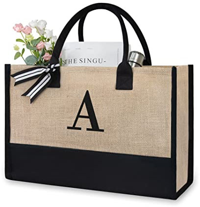 TOPDesign Initial Jute/Canvas Tote Bag, Personalized Present Bag, Suitable for Wedding, Birthday, Beach, Holiday, is a Great Gift for Women, Mom, Teachers, Friends, Bridesmaids (Letter A)