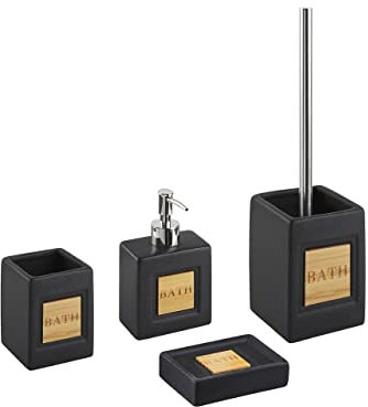 Badezimmer Set schwarz / heller Holzfarbton 4-teilig Dolomit mit Aufschrift Kourou