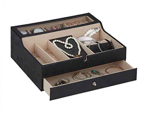 Relaxdays Jewellery Organiser with Lid, Leather Look, Velvet, Jewelry Box for Ladies & Gents, HWD: 13 x 34 x 31cm, Black
