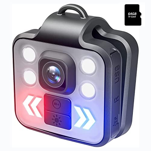 SRIKEKL 1080P Mini Wearable Body Camera with Flashlight/Warning Light, Body Worn Cam with Audio for Home/Outdoor/Law Enforcement/Security Guard,with 64GB Card