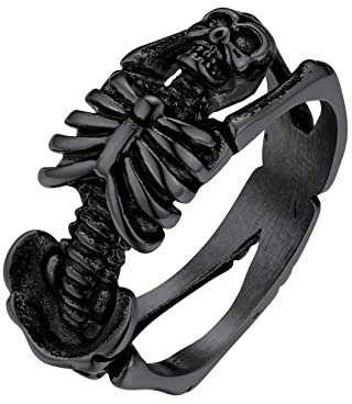 U7 Schwarz Ring mit Menschliches Skelett Schädel Edelstahl Ring Statement Ring Hip Hop Street Style Totenschädel Accessoire für Ehemann Freund(Ring Größe 64)
