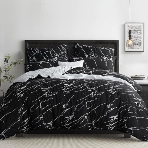 RUIKASI Bettwäsche 220x240 3 teilig Schwarz - Bettbezug 220 x 240 Set mit Marmor Muster, Bettwäsche-Sets 220x240cm aus Mikrofaser mit Reißverschluss Weich und Bügelfrei