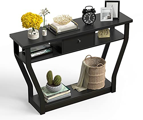 LIFEZEAL Konsolentisch, Flurtisch schmal, Eingangstisch mit Schublade und Ablagefläche, Eleganter Holzbeistelltisch für Eingang Flur Wohnzimmer, 120 x 30 x 81 cm (Schwarz)