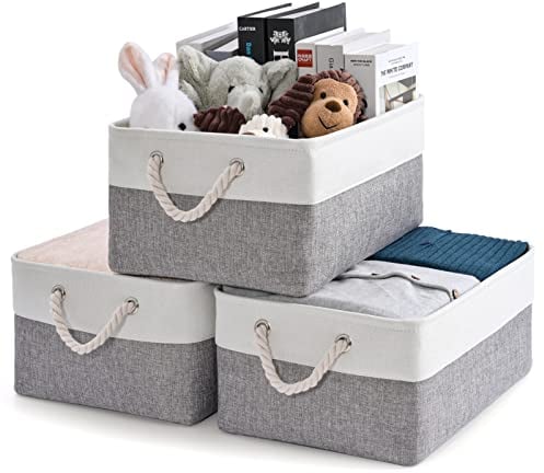Kriovoa 3 Pcs Fabric Storage Baskets, Foldable Storage Baskets with Handles, Canvas Storage Boxes for Shelves, Toys, Clothes, Books 40x30x21cm, White and Grey.