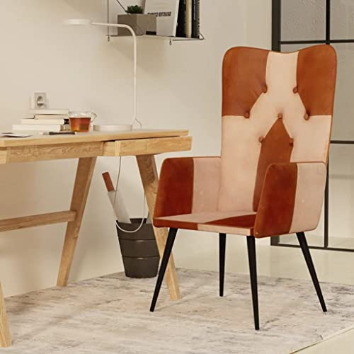 ZQQLVOO Ohrensessel Braun und Creme Echtleder, Loungesessel, Fernsehsessel Relaxsessel, Schreibtischstuhl, Stuhl für Schlafzimmer, Wohnzimmer, Arbeitszimmer, Büro