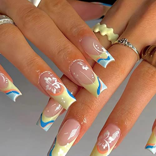 24 PCS Long Press on Nails Ballerina French Coffin False Nails Glossy Blue and Yellow U-Shaped Fake Nails with Line and Flower Design Full Cover Fake Nails for Women and Girls