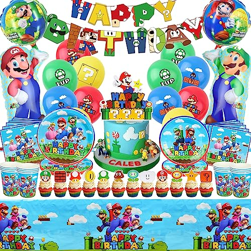 81 Piezas Super Mario Vajilla de Cumpleaños de Niños, Decoraciones de fiesta de cumpleaños de Super Mario, Party Vajilla con Pancarta, Platos, Servilletas, Globos, Mantel - 10 Porciones