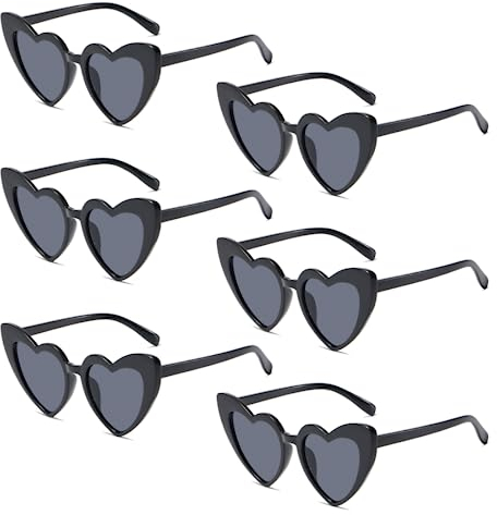Meleager Retro Herz Sonnenbrille, Herzförmige Sonnenbrille Schwarz, 6 Stück Sonnenbrillen Set Party, Vintage Herzform Brille, Hippie Brille Herz 90er, für Party, Hochzeit, Karneval, Halloween