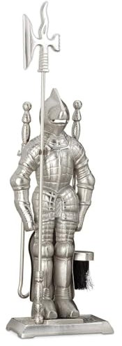Lizh Metallbearbeitung Mittelalterlicher Ritter Kaminwerkzeug-Set, robustes Kaminzubehör, Gusseisenritter, Templer, Kaminwerkzeuge, teutonic Knights Kamindekoration, Silber