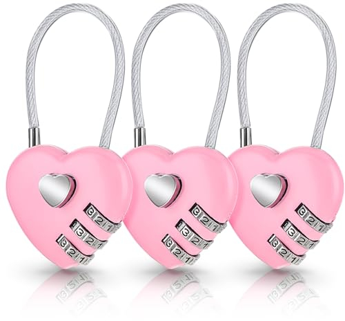 Andibro 3 candados de combinación de corazón, candado rosa para maleta, bonito candado de código de casillero, mini candado de cable en forma de corazón, cuerda de alambre de acero, cerraduras