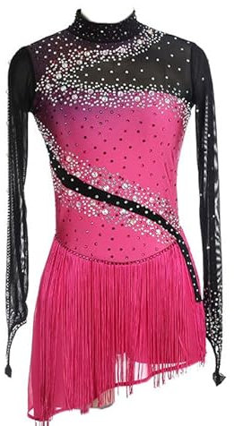 JRUIA Damen Eiskunstlauf Performance Kleid Mit Quasten Professionelle Eislaufbekleidung Rosa Sfumato Turnanzug Für Mädchen Strass Lange Ärmel Rollschuhrock,Rosa,XXL