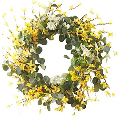MOTUZP 19.7inch Yellow Winter Jasmine Wreath witDoor Wreath Farmhouse Yellow Wreath on Grapevine for Front Door Wall Window Home Décor [Yellow],Leaves,Artificial Forsythia Wreath, Spring Fro