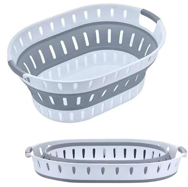 König Design Cesto portabiancheria pieghevole da 36 litri, con manici, 60 x 43,5 x 23 cm, grigio/bianco, robusto cesto portabiancheria per bagno, camera da letto e cameretta dei bambini